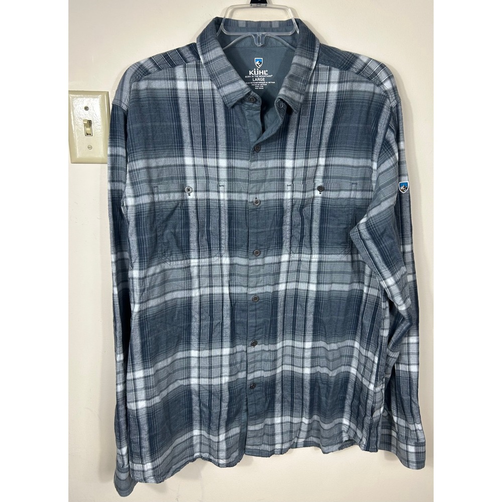 Kuhl Fugitive Flannel Shirt Men L Steel Blue Plaid Lumberjack Outdoor Hiking L/S